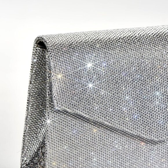 🆕Women's Silver Glitter Rhinestone Clutch Evening Bag PU Leather Prom Wedding - Picture 5 of 6